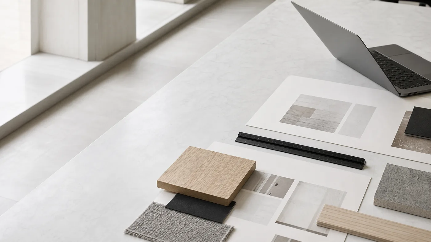 Pale wood, stone, and page-layout samples arranged on a studio table