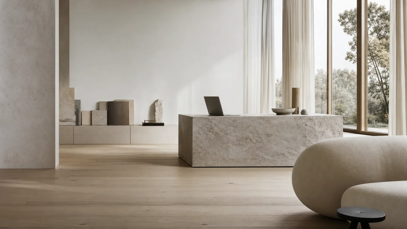 Quiet architectural workspace with a laptop