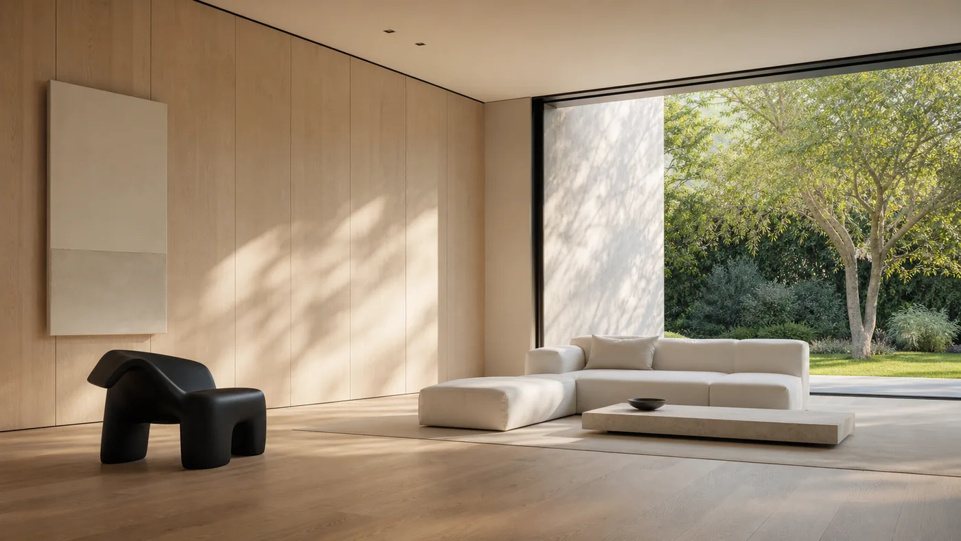 Tailored modern living room with pale wood walls